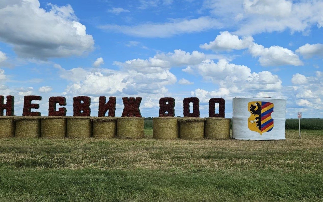 白俄罗斯农民搭建干草捆庆祝丰收。记者 王震摄
